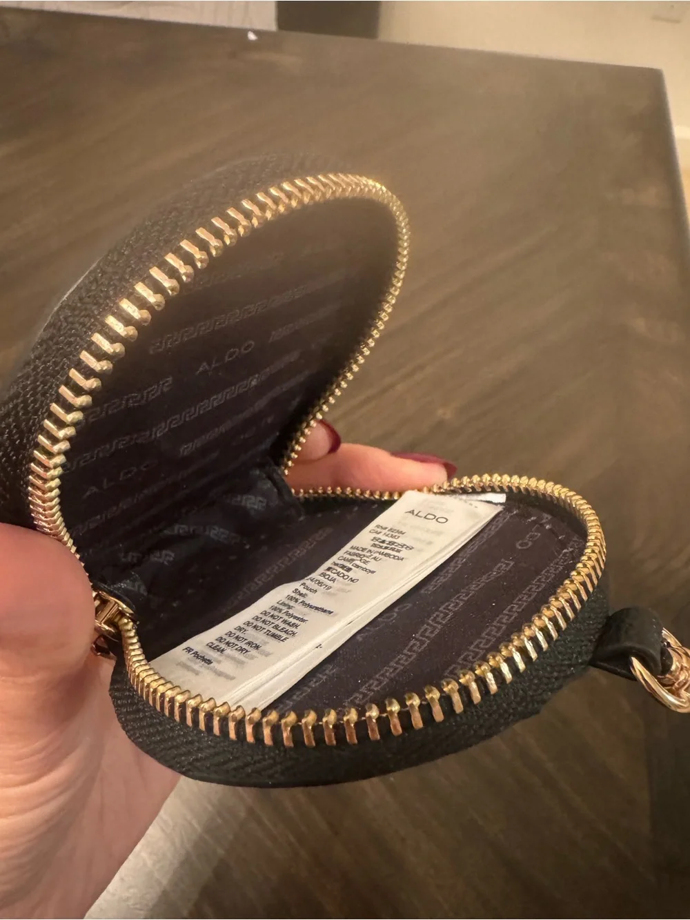 Aldo Black Round Zip Key & Card Holder with Gold Hardware